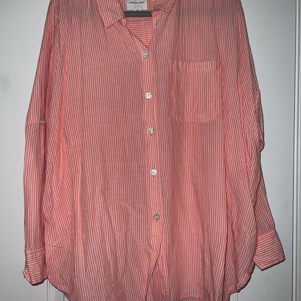 American Eagle Outfitters Coral Striped Button-Down Shirt
